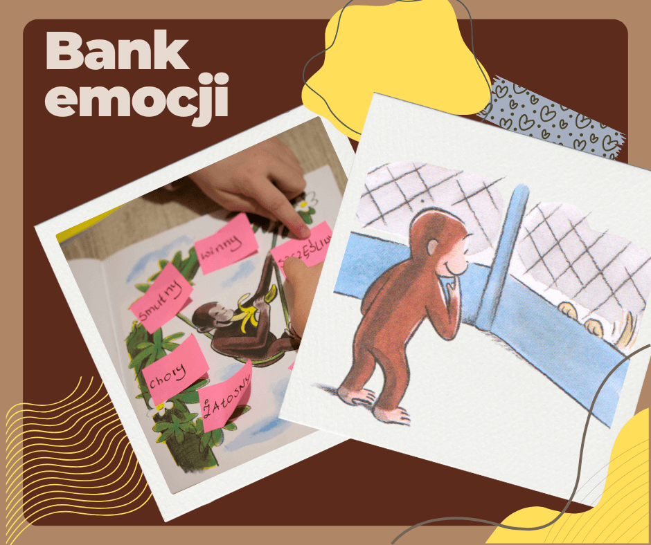 dziecięce emocje z georgem - Dwie ilustracje: jedna przedstawia książkę o Ciekawskim George’u z przyklejonymi karteczkami opisującymi emocje (np. smutny, winny), druga pokazuje George’a obserwującego szczeniaczki przez ogrodzenie