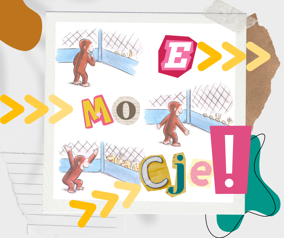 Ilustracja z książki o Ciekawskim George’u, pokazująca jego reakcje emocjonalne w kontakcie z kaczkami za ogrodzeniem, z kolażowym napisem „EMOCJE!” – obrazek do wpisu o dziecięcych emocjach i pracy z książką.